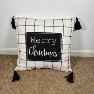 Merry Christmas Black and Cream Plaid Decorative Throw Pillow with Tassels 18x18
